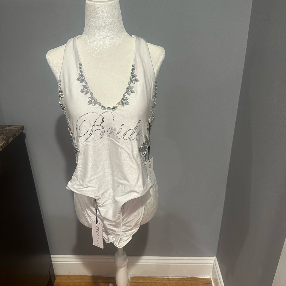 White Bridal one piece swimsuit with Rhinestone Accents- Bikini Crush brand new